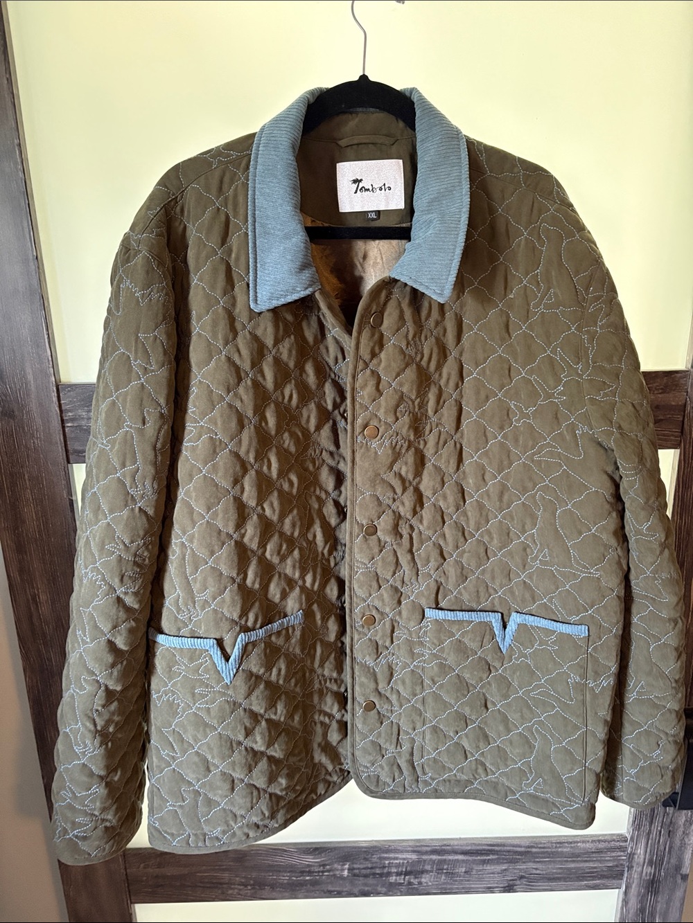 Tom Bolo “Quack” Quilted Olive Jacket with Blue Corduroy Trim